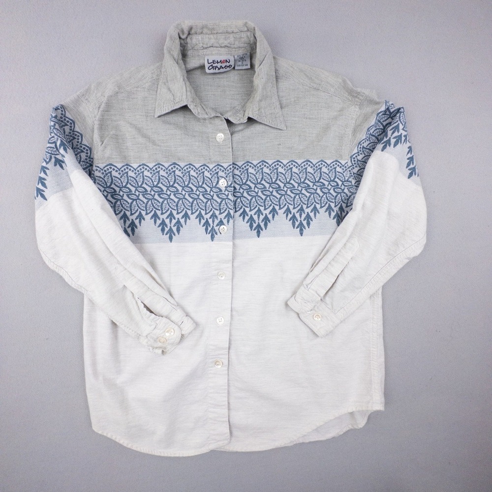 Lemon Grass Mens Medium Blue‎ Leaf Print Cotton Colorblock Button Up Shirt India